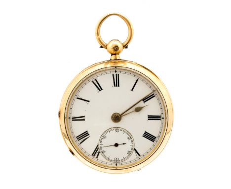 F. Stubbs of Loughborough, an 18ct gold open faced keywind pocket watch, 4.5cm circular white enamel dial with Roman numerals