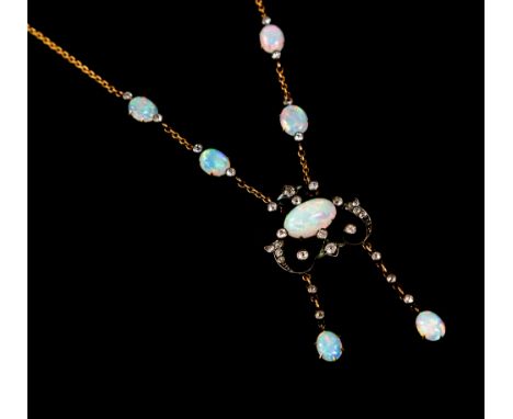 A late Victorian opal and diamond set drop pendant collarette necklace, the garland style double drop pendant and chain front