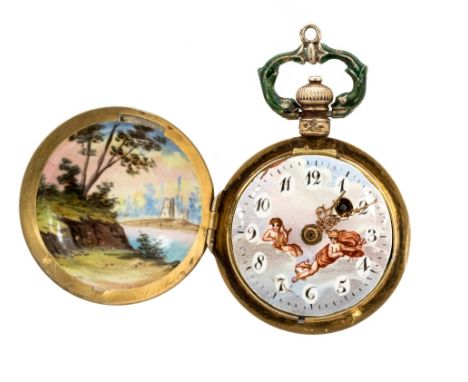 A 19th Century Continental silver gilt enamelled pocket watch, the exterior and interior of the outer case, enamelled classic