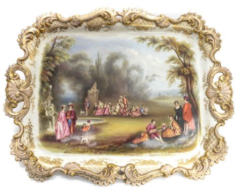 A large English ceramic tray, hand painted with courting scene (1) 