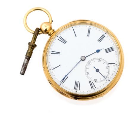 R.B. Hines of Birmingham, an 18ct gold open faced pocket watch, 4.5cm circular Roman enamel dial with subsidiary seconds dial