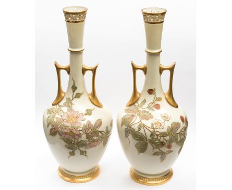 A pair of Royal Worcester twin handled vases, bottle form with angular handles, tubelined rose decoration and reticulated nec