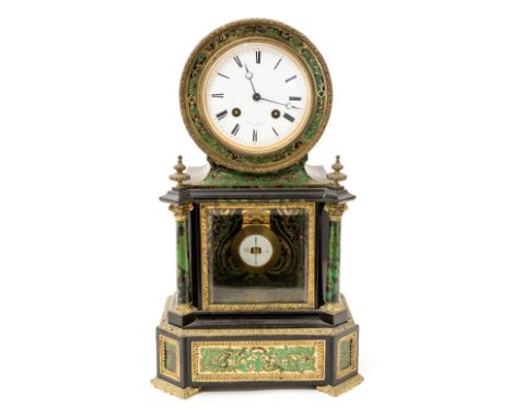 A late 19th Century Miroy Freres of Paris bracket clock, ebonised case of Baroque form incorporating green stained tortoisesh