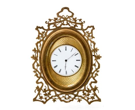 A 19th Century Howell James & Co brass easel boudoir timepiece, pierced and bright cut branch surround, circular enamel dial 