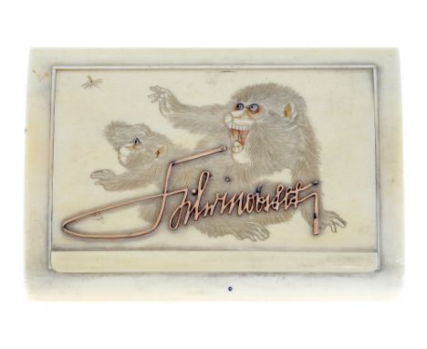 A Japanese ivory pocket snuff box, Meiji period (1868-1912), the hinged cover carved with two monkeys pointing to a flying in