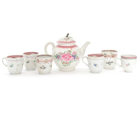 A collection of New Hall type coffee cans and a Worcester famille rose canon ball teapot (7)