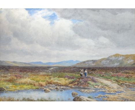 John Bates Noel (British, 1870-1927), moorland with peat gatherers about to cross a stream (possibly Ireland or Scotland), si