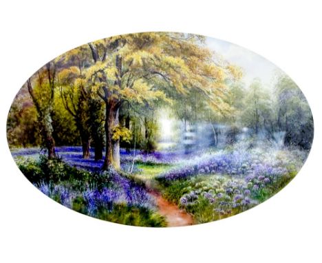 A pair of Royal Worcester ceramic plaques by R Rushton, Primroses, Ockley and Bluebell Wood, signed and framed, 14cm by 22cm 