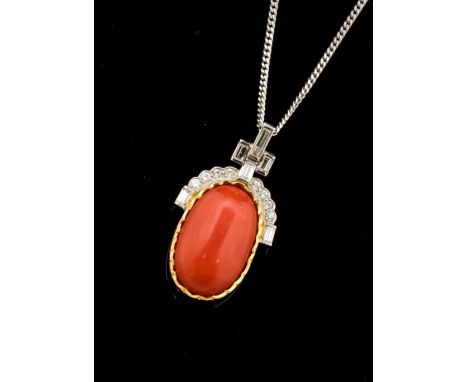 A coral and diamond set yellow and white gold drop pendant, the oval cabochon cut orange coral measuring approximately 18.5mm