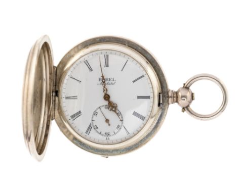 Borel of Neuchatel, a late 19th Century silver full hunter pocket watch, 6cm machine engraved outer case, enamel Roman dial w
