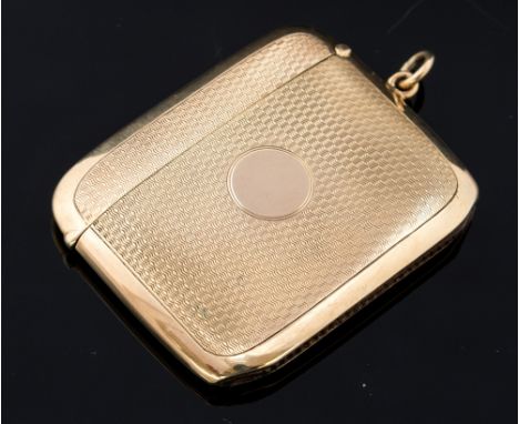 A George V 9ct gold vesta case, Birmingham 1919, maker's mark WN Ltd, the front and back engine turned, the front bearing a v