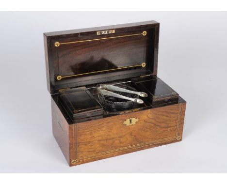 A Regency rosewood tea caddy, circa 1825, of rectangular form with brass strung inlay and escutcheon, flush side handles, fit