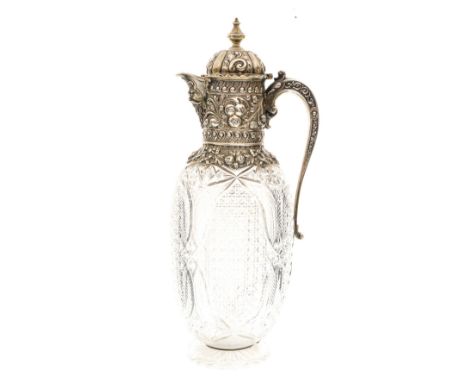 A fine Victorian cut-glass and parcel-gilt claret jug and cover, the body hobnail cut with various leaf pattern and star shap