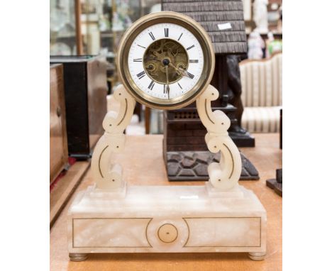 A late 19th Century French white alabaster bracket clock, cylinder clock drum with Roman numerals, cherub on swing below form