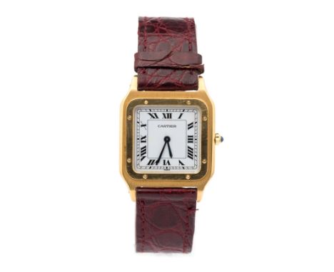 Cartier, a gentleman's classic Cartier 18ct gold Santos 100 wristwatch, 2.5cm square white dial with Roman numerals, sapphire