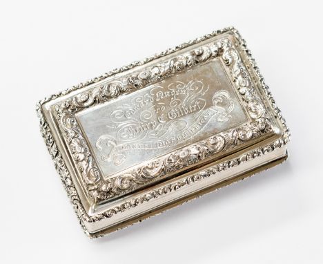 A William IV silver snuff box, cuboid form with heavily cast scrolling foliate and floral bands, engine turned to the lid, pi