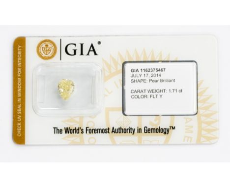 A 1.71 carat fancy light yellow loose diamond of natural colour, the pear shaped brilliant cut diamond contained in a GIA sea