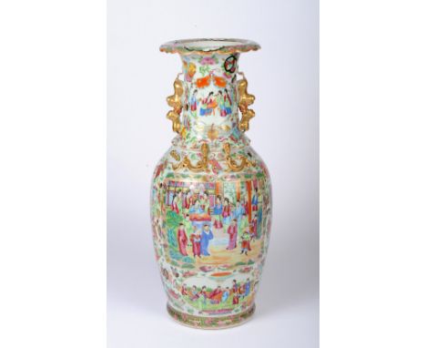 A Mid 19th Century Cantonese enamel baluster vase, gilt Foo dog handles, decorated with figure panels, height 58cm