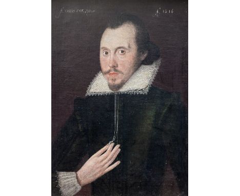 English School, early 17th Century, portrait of a gentleman, half length in a green doublet with lace collar, inscribed upper