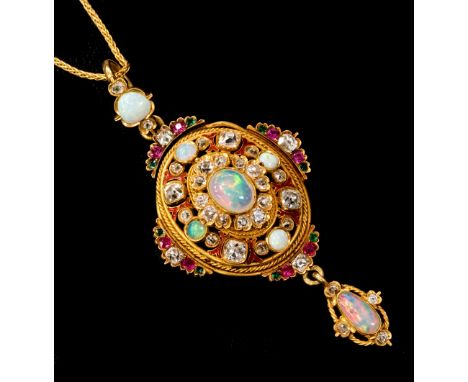 A Victorian opal, diamond, pink and green tourmaline enamelled yellow metal drop pendant, assessed as a minimum of 15ct yello