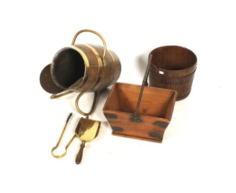 A collection of three assorted wooden items. Including a brass bound coopered barrel coal scuttle with tools, wooden house ma