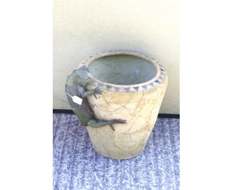 A large light brown glazed(?) 'chameleon' garden pot/jardiniere. With an everted rim decorated with black triangles and model