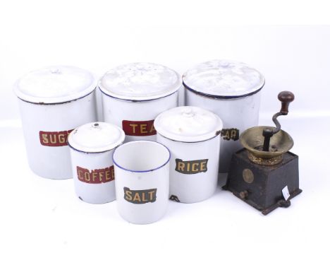 A collection of six assorted vintage enamel storage jars. Including 'Tea, Coffee, Sugar, Salt and Rice' plus an Archibald Ken