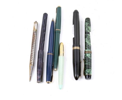 Seven vintage pens and pencils. Including a Eversharp biro with a gold plated and green case, a Unique fountain pen with a 14