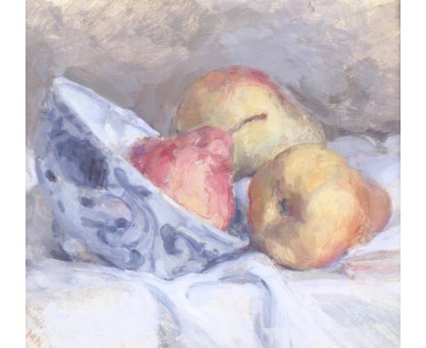 M Hancock (20th century) oil on board 'Pears and bowl'. Royal Oil Painters Institute exhibition, 1990, at the Mall Galleries,