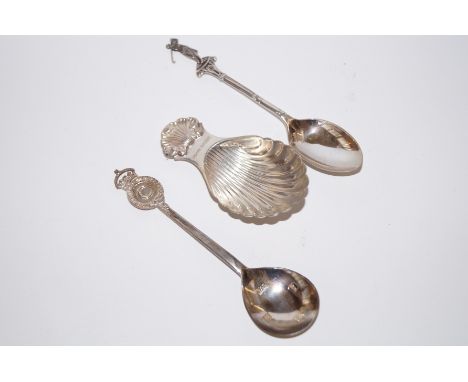 Commemorative silver spoon, silver spoon with stylised golfer finial, also a silver caddy spoon with scalloped bowl  