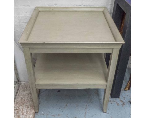 LAMP TABLE, square form with curved lip and lower tier in a distressed green painted finish, 63cm x 68cm H.