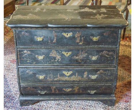 DUTCH COMMODE, 18th century ebonised with raised gilt Chinoiserie decoration with four long bombe drawers, 92cm H x 92cm x 55