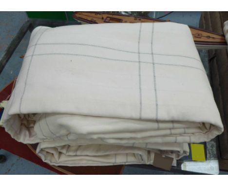 CURTAINS, a pair, white linen with black detail, lined and interlined, 300cm x 110cm gathered. (2)