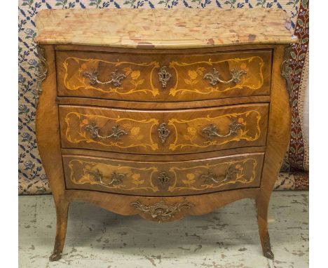 BOMBE COMMODE, early 20th century French tulipwood, marquetry and gilt metal mounted with marble top above three drawers, 98c
