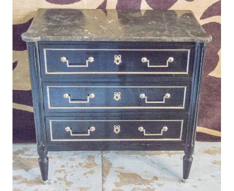 DIRECTOIRE COMMODE, late 18th century French ebonised and silvered metal mounted with marble top above three long drawers, 79