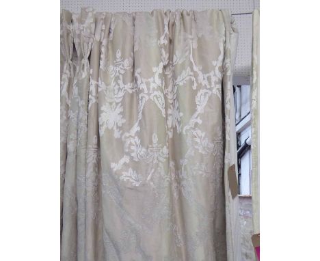 CURTAINS, a pair, foliate design, lined and interlined, 250cm x 120cm gathered. (2) (with faults)