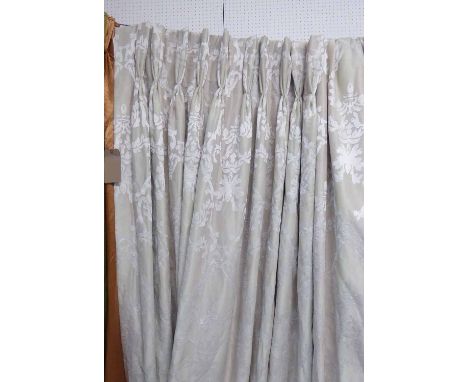 CURTAINS, a pair, foliate design, lined and interlined, 500cm x 100cm gathered. (2) (with faults)