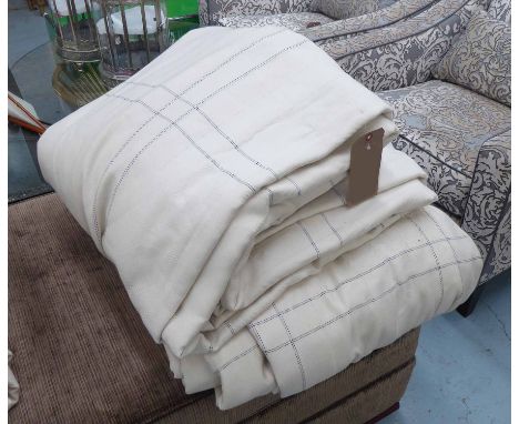 CURTAINS, a pair, white linen with black detail, lined and interlined, 300cm x 80cm gathered. (2)