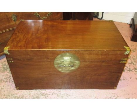 CHINESE TRUNK, camphorwood lined with a rectangular hinged top and brass handles, 96cm W x 47cm H x 54cm D, a smaller trunk, 