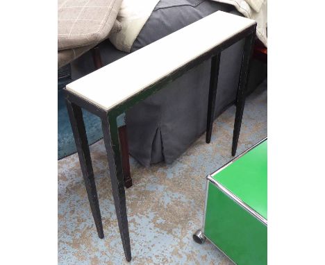 CONSOLE TABLE, velum top beaten metal supports, 22cm x 81cm H x 90cm.