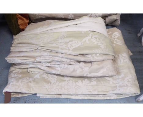 CURTAINS, a pair, foliate design, lined and interlined, 280cm x 120cm gathered. (2) (with faults)