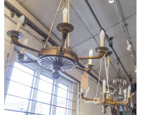 CEILING LIGHT PENDANTS, two, Empire style in painted and gilt wood suspended from rope supports, 90cm H x 70cm diam. (2)