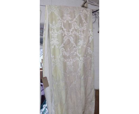CURTAINS, a pair, foliate design, lined and interlined, 280cm x 80cm gathered. (2) (with faults)