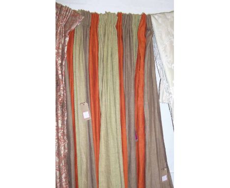 CURTAINS, two pairs, rust and green striped linen reputedly from Ralph Lauren, 106cm gathered by 230cm dropped. (4)