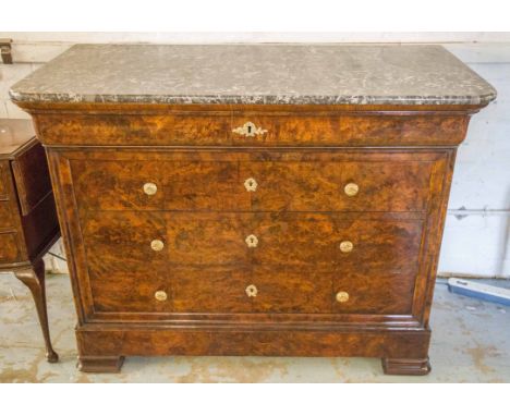 COMMODE, 19th century French Louis Philippe burr walnut and gilt metal mounted with four long drawers and St Anne variegated 
