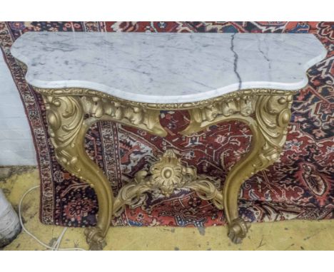 CONSOLE TABLE, 19th century with later serpentine white marble top on a gilt base with cabriole supports, 110cm W x 54cm D x 