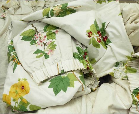 CURTAINS, floral design fabric, three pairs, one pair each 260cm W gathered x 280cm Drop, one pair each 108cm W x 280cm Drop,