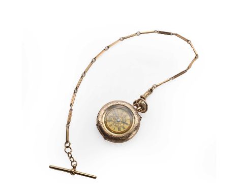A 9ct gold open faced fob watch with gold Albert chain, 31mm diameter, with a gilt engraved and engine turned dial, black Rom