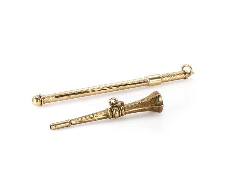 A 9ct gold swizzle stick and a gold cased watch key, a 9ct gold swizzle stick, by Henry Hobson and Son, with engine turned de