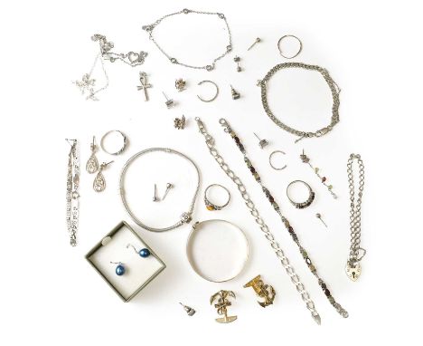 A collection of silver jewellery, to include a silver oval engraved baby bangle, London 1972, a silver Pandora bracelet, inte